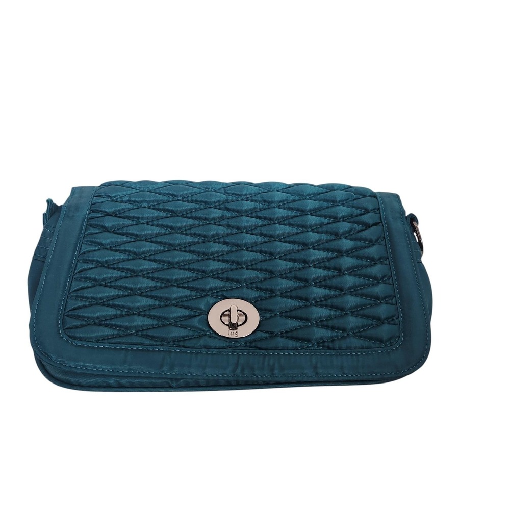 LUG Allegro Clutch Bag Womens Small Teal Green Quilted Turn Lock Purse